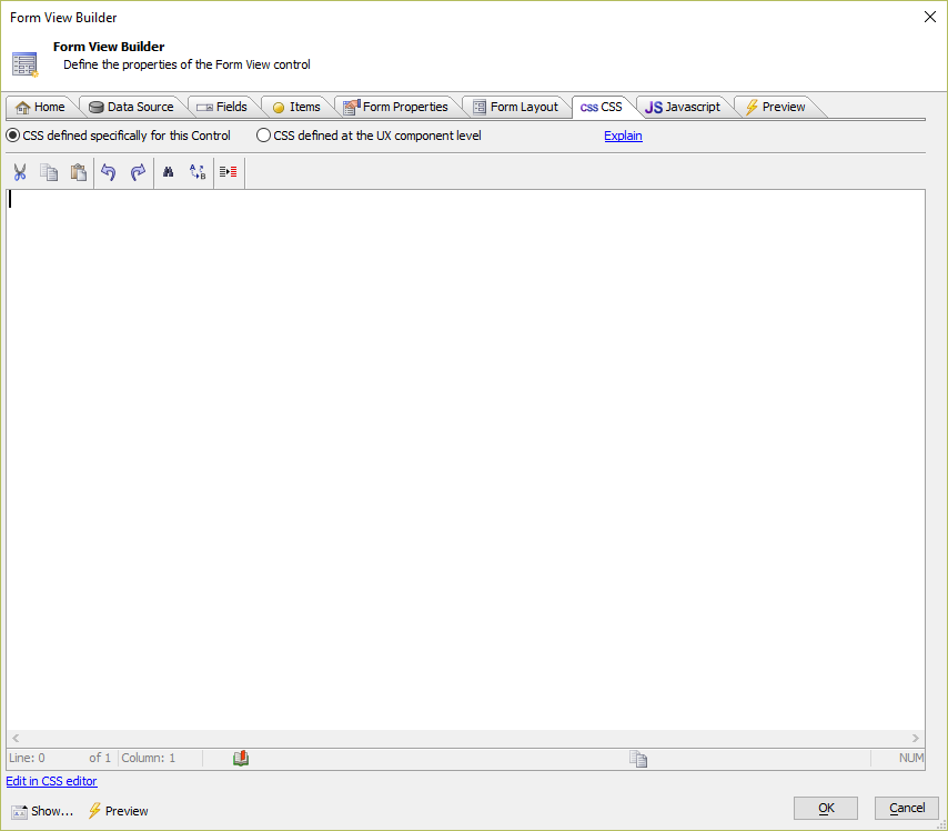 The Form View Builder CSS Tab.